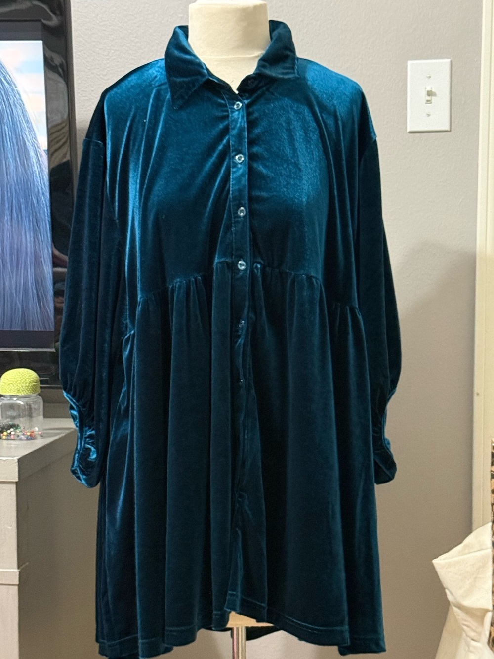 Umgee Teal Velvet Tiered Button Front Shirt Dress Size L (Oversized)